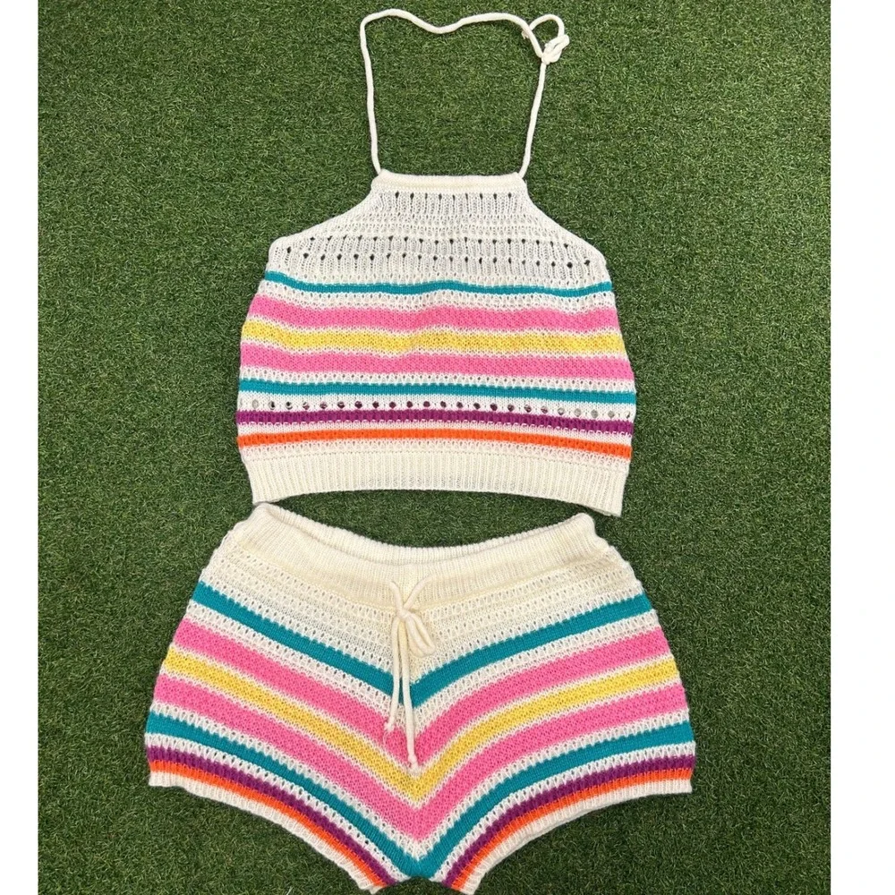 Boho Multi Color Striped Crochet Knit 2 Piece Set Halter Top and Shorts Large
